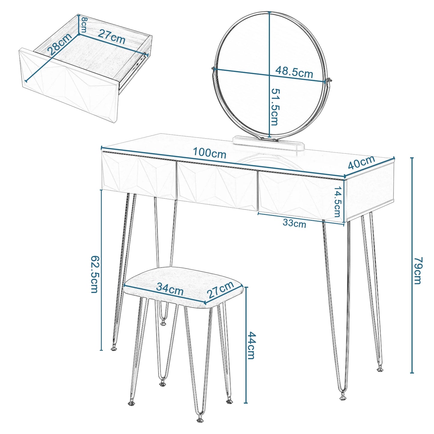 Toeletta da Trucco con Luci LED, Luminosità Regolabile, Postazione da Trucco con Sedia in Velluto, con 3 Cassetti, Assemblaggio facile, Bianco e Dorato