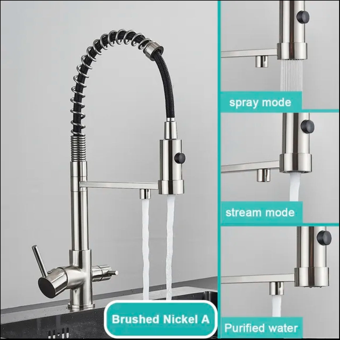 Rubinetto da cucina a 3 vie in acciaio inox, girevole a 360°, rubinetto da cucina 3 in 1, per filtro dell'acqua, rubinetto ad alta pressione