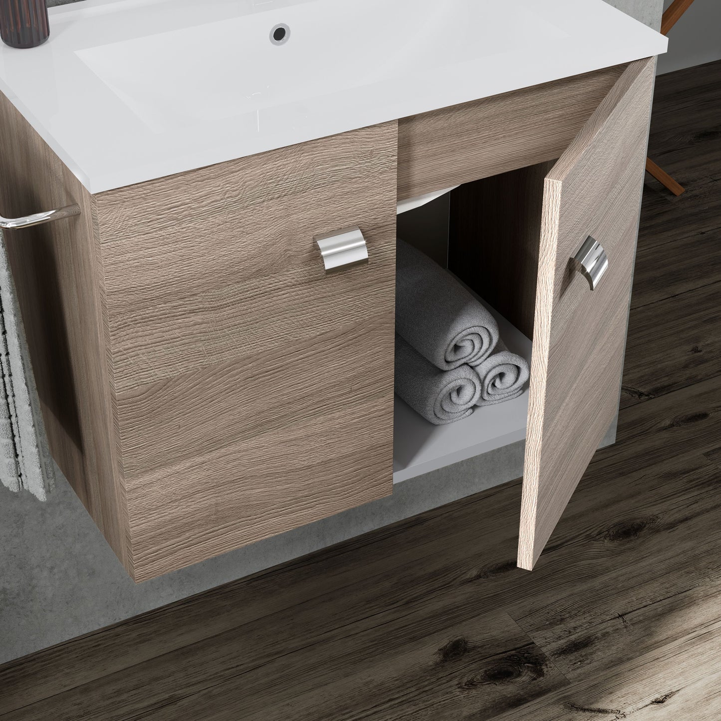 MOBILE BAGNO ANTE QUERCIA NATURALE 60CM CON PORTA ASCIUGAMANI IN METALLO CROMATO