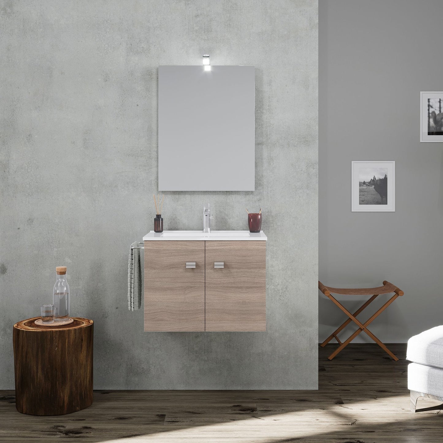 MOBILE BAGNO ANTE QUERCIA NATURALE 60CM CON PORTA ASCIUGAMANI IN METALLO CROMATO
