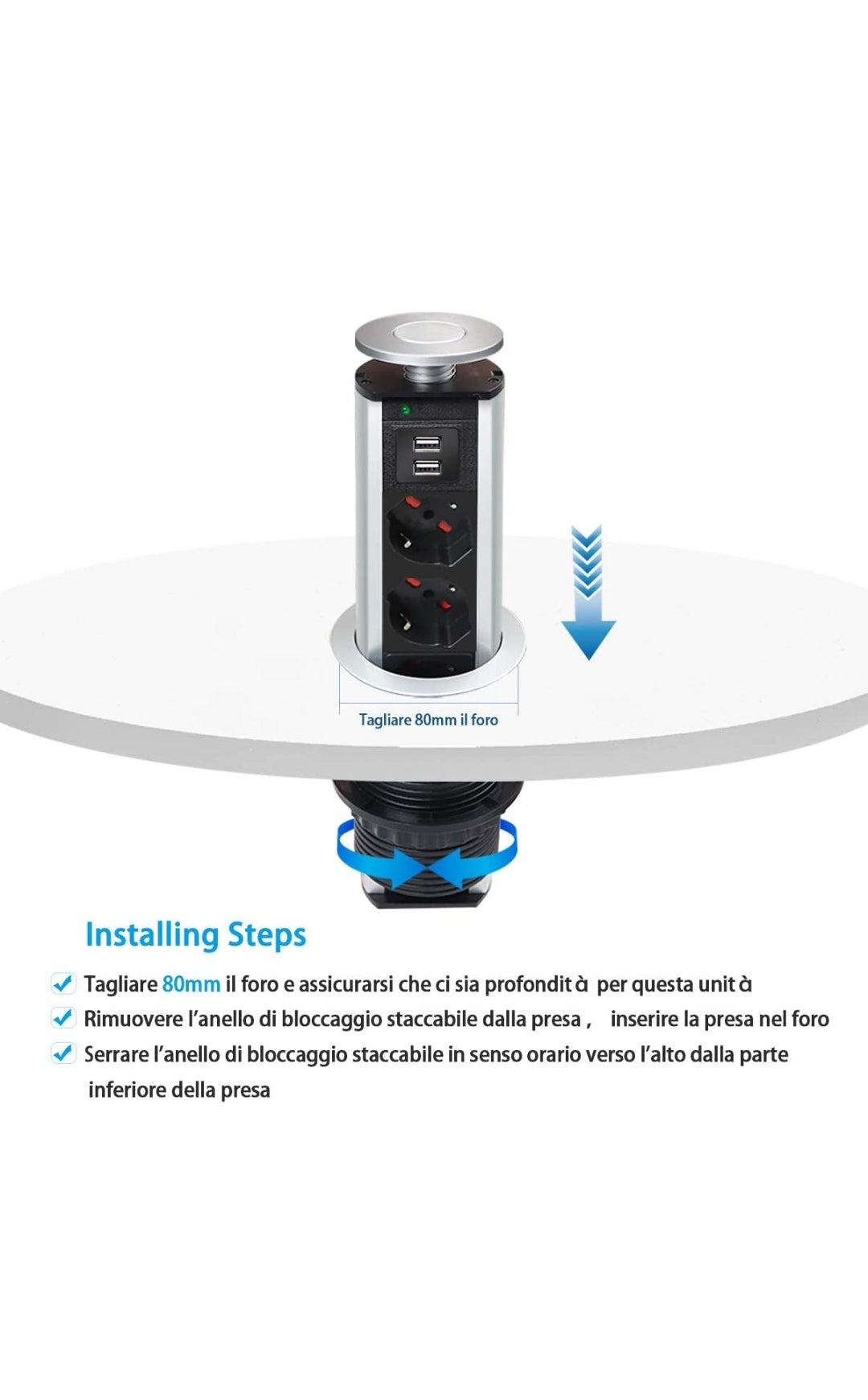 Multipresa da scrivania a scomparsa con 2 Usb, 3 Prese ITALIANE, multipresa torretta a scomparsa da tavolo, Colonnina multipresa con protezione, per cucina,piani di lavoro,ufficio