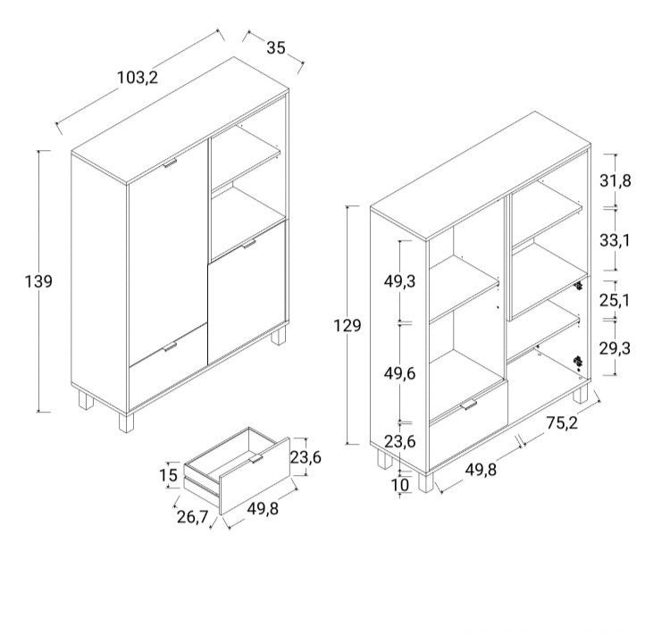 Credenza 103 cm con ante e cassetti in legno bianco e rovere anticato