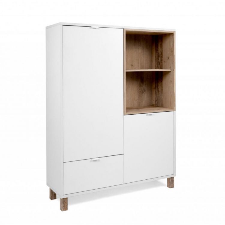 Credenza 103 cm con ante e cassetti in legno bianco e rovere anticato
