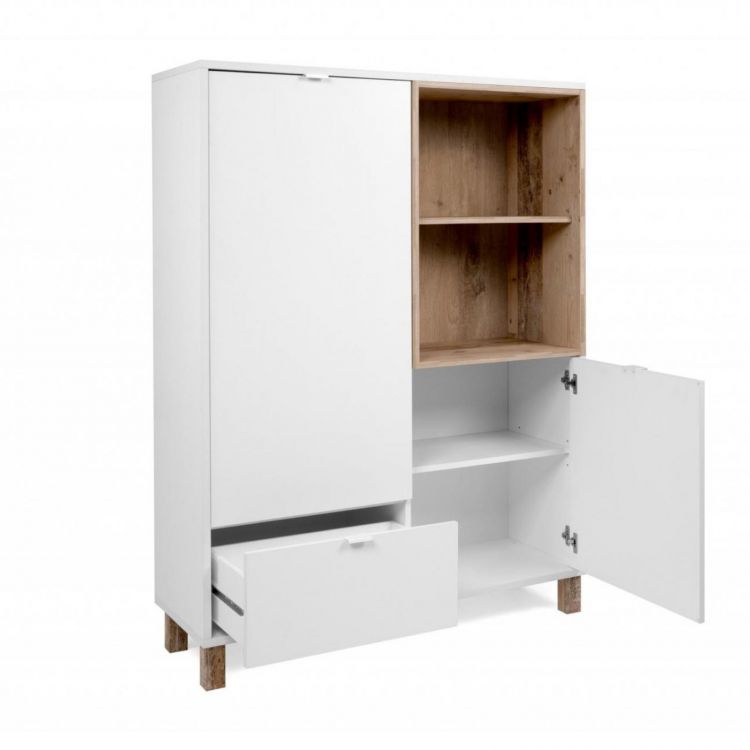 Credenza 103 cm con ante e cassetti in legno bianco e rovere anticato