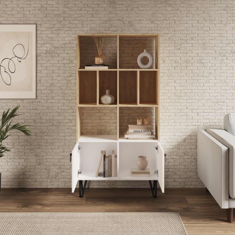 Libreria 80x166h cm in legno bianco e rovere con ante