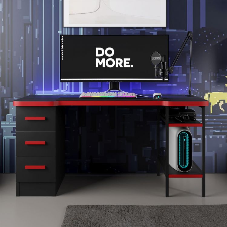 Scrivania gaming 150x60 cm nera e rossa con cassetti e luce LED