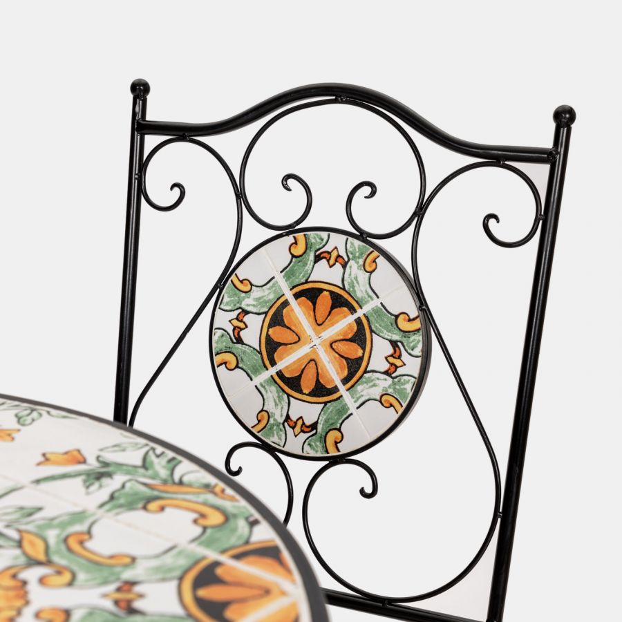 Set da giardino con tavolo e 2 sedie con decorazione mosaico a fiori arancio