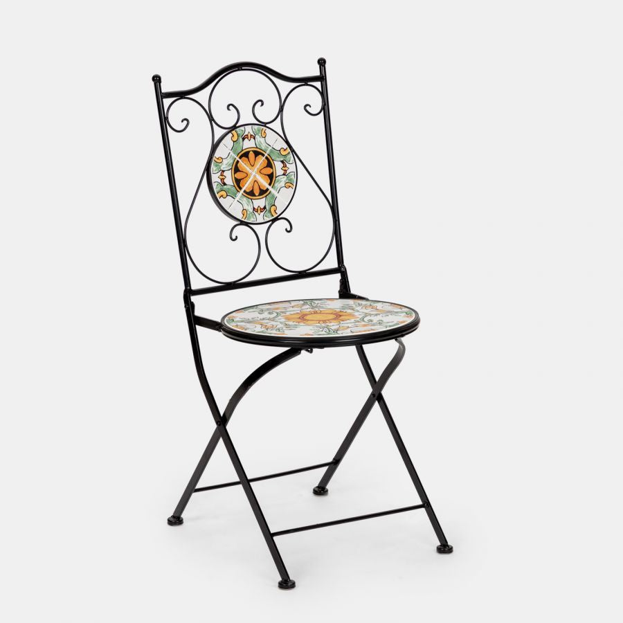 Set da giardino con tavolo e 2 sedie con decorazione mosaico a fiori arancio