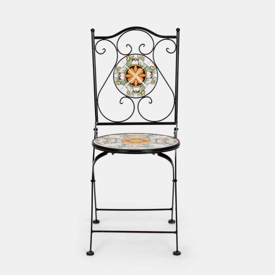 Set da giardino con tavolo e 2 sedie con decorazione mosaico a fiori arancio