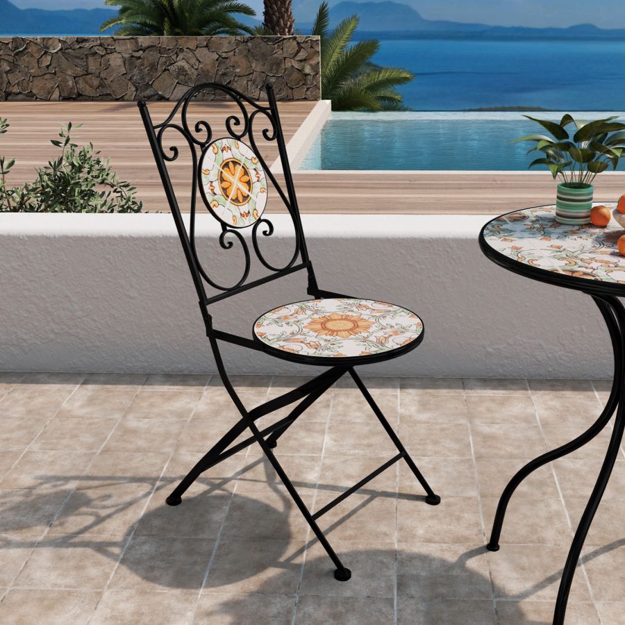 Set da giardino con tavolo e 2 sedie con decorazione mosaico a fiori arancio