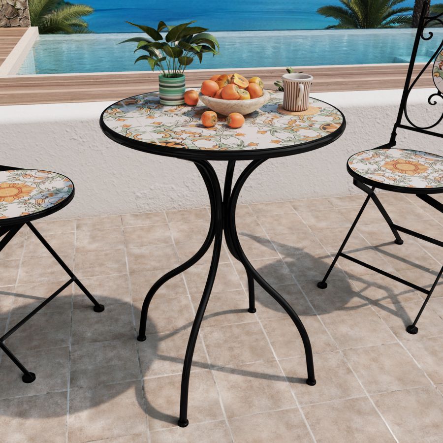 Set da giardino con tavolo e 2 sedie con decorazione mosaico a fiori arancio