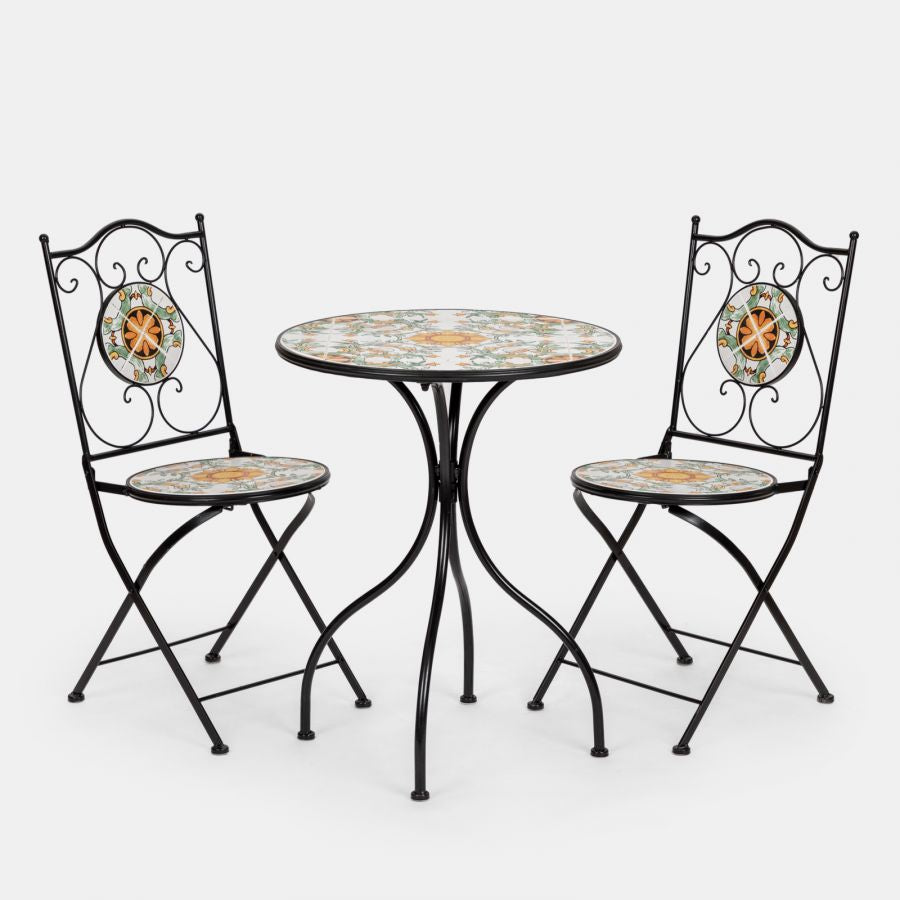 Set da giardino con tavolo e 2 sedie con decorazione mosaico a fiori arancio