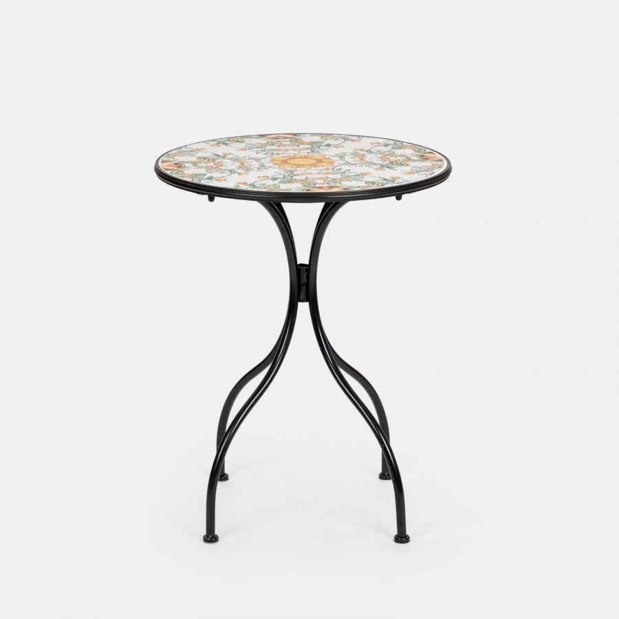 Set da giardino con tavolo e 2 sedie con decorazione mosaico a fiori arancio