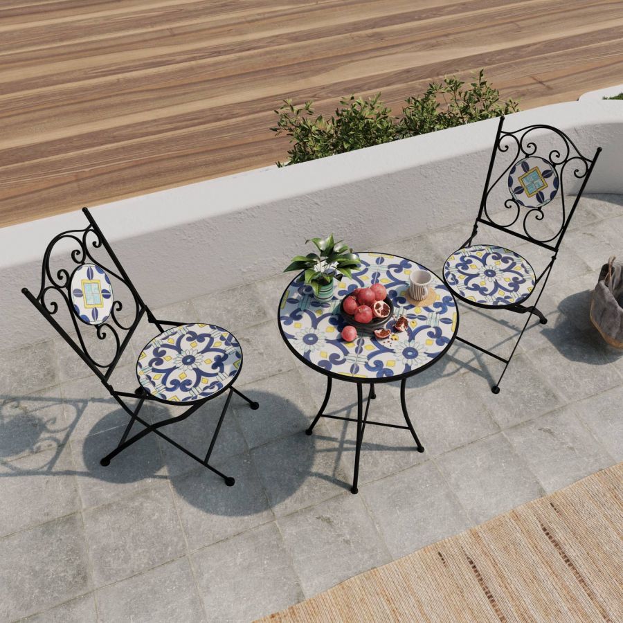 Set da giardino con tavolo e 2 sedie con decorazione mosaico a fiori arancio