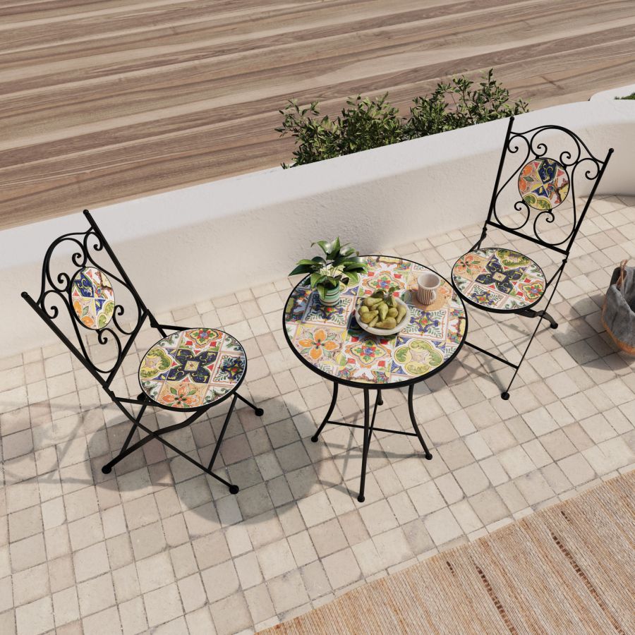 Set da giardino con tavolo e 2 sedie con decorazione mosaico a fiori arancio