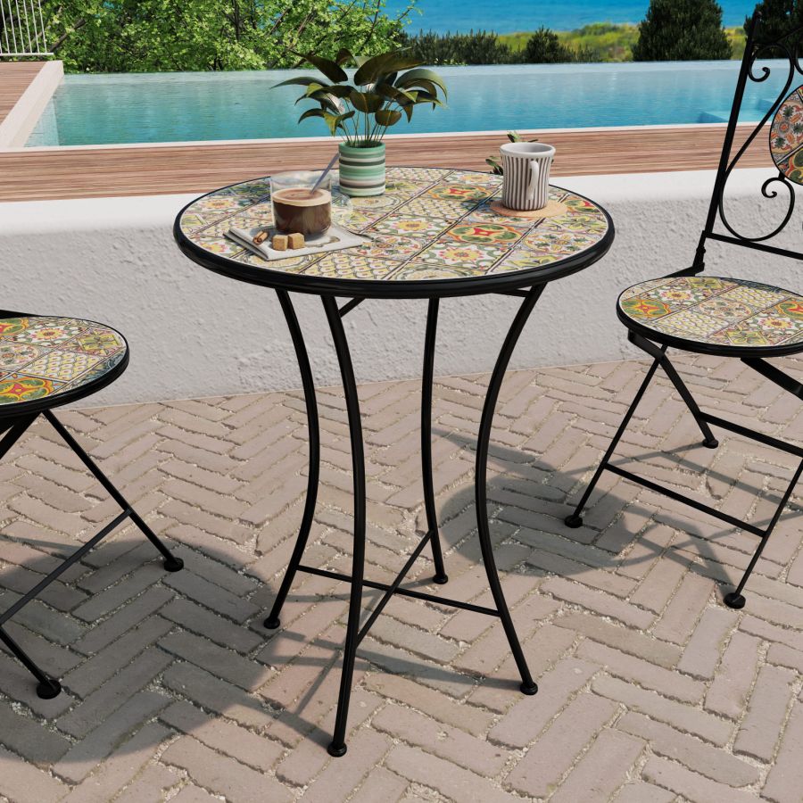 Set da giardino con tavolo e 2 sedie con decorazione mosaico a fiori arancio