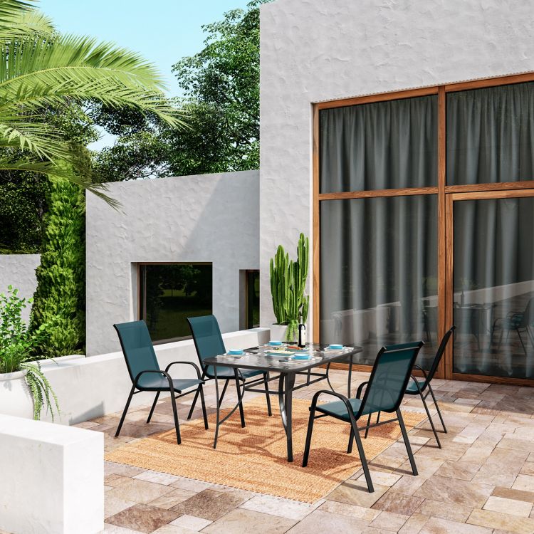 Set pranzo con tavolo 150x90 cm top trasparente e 4 sedie in acciaio e textilene blu marino