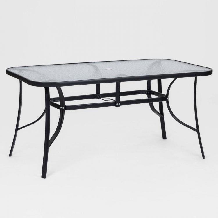 Set pranzo con tavolo 150x90 cm top trasparente e 4 sedie in acciaio e textilene blu marino