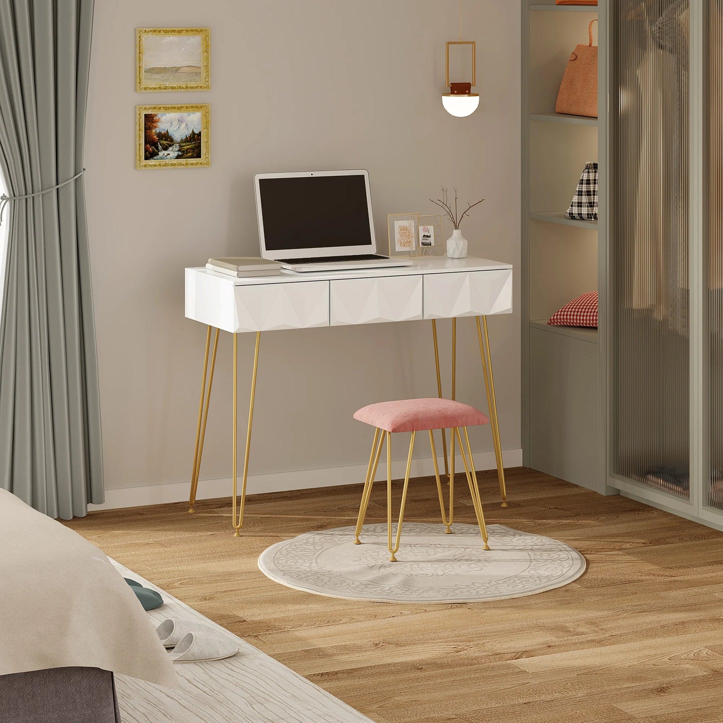 Toeletta da Trucco con Luci LED, Luminosità Regolabile, Postazione da Trucco con Sedia in Velluto, con 3 Cassetti, Assemblaggio facile, Bianco e Dorato