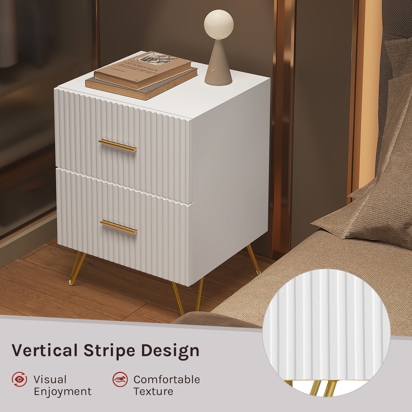 Coppia Comodini moderno bianco oro cannettato