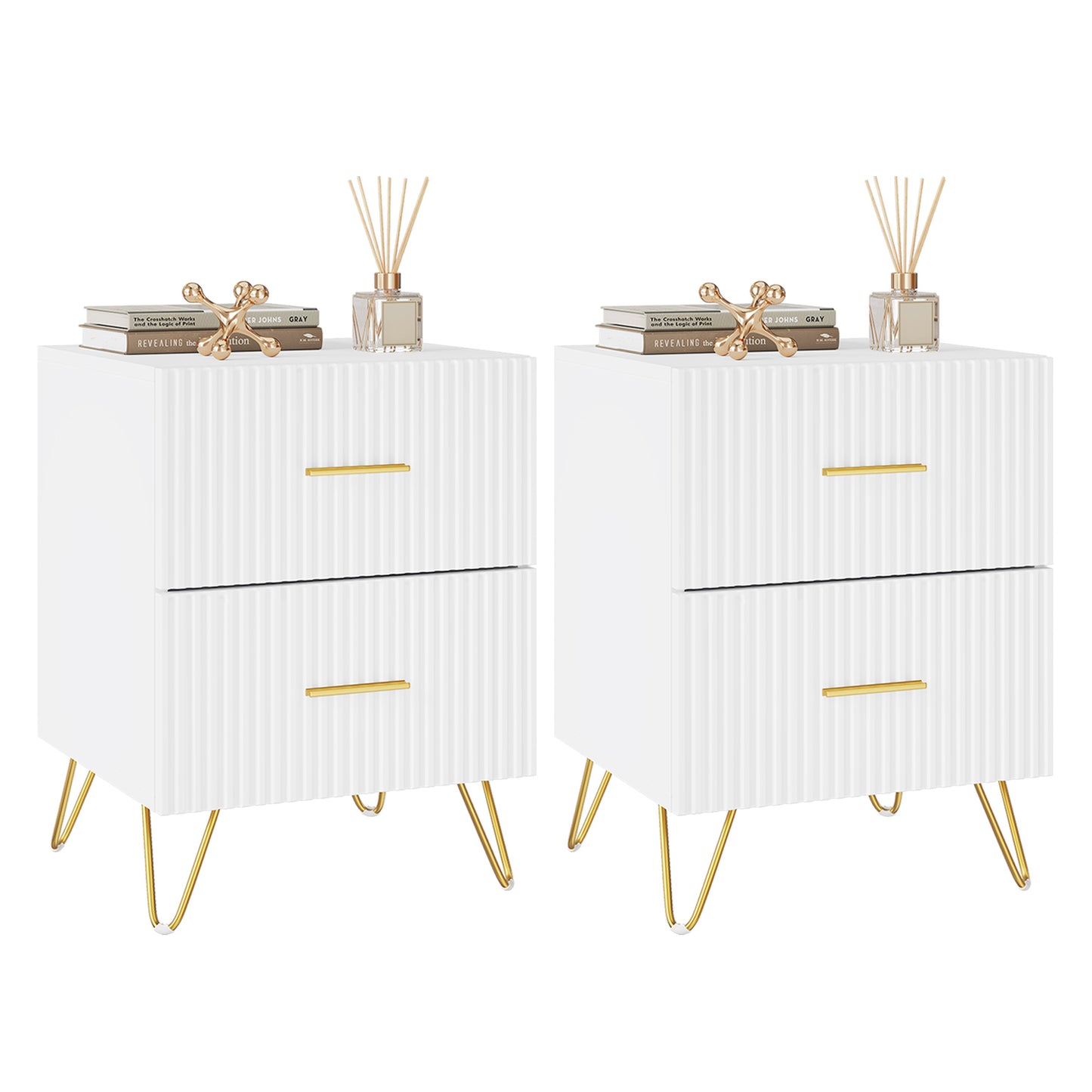 Coppia Comodini moderno bianco oro cannettato