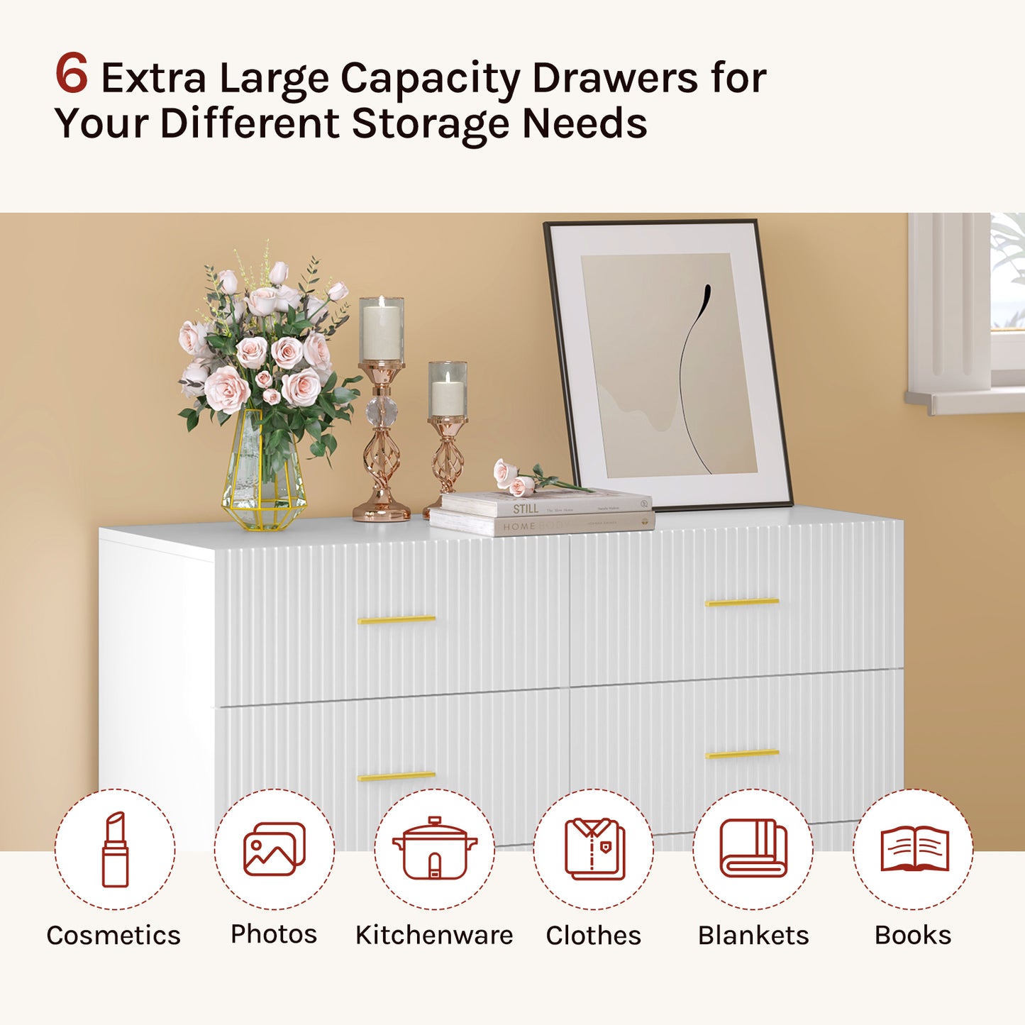 Cassettiera con sei cassetti e piedini dorati