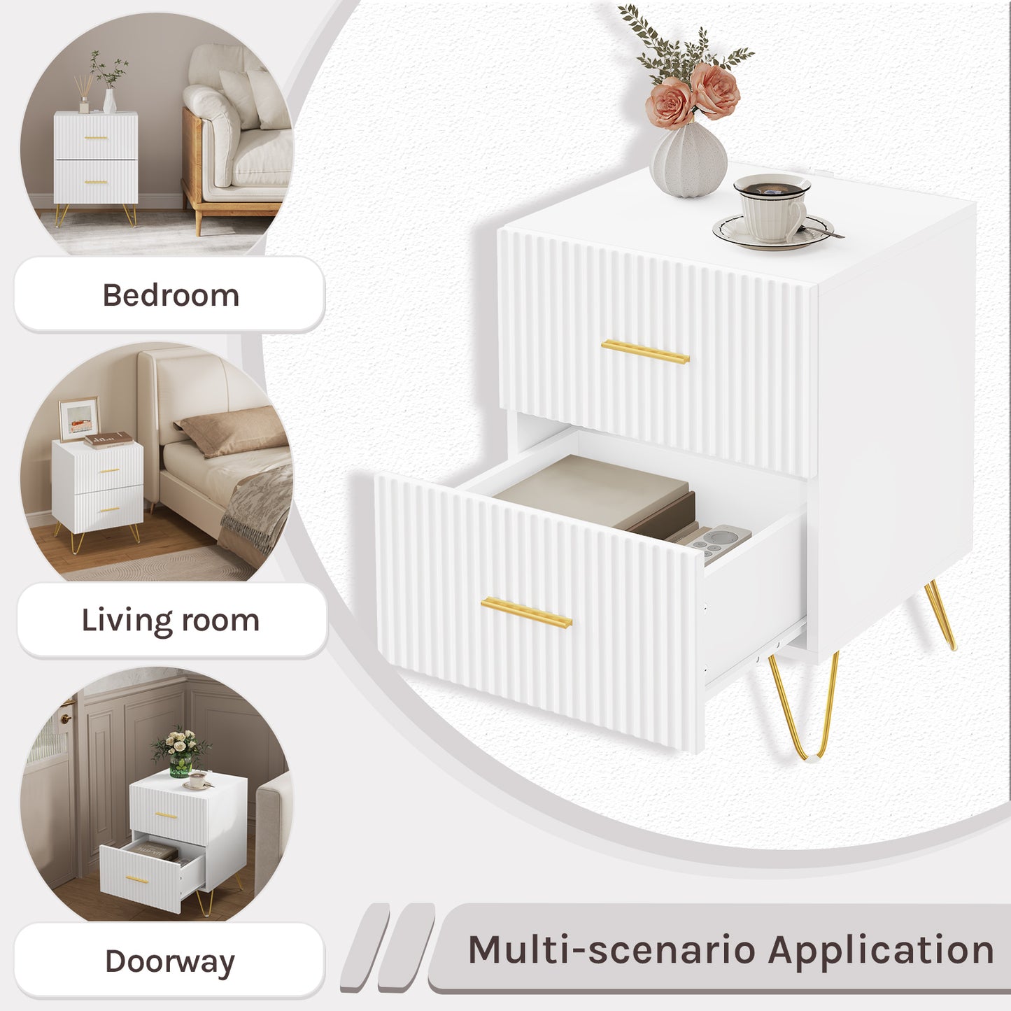 Coppia Comodini moderno bianco oro cannettato