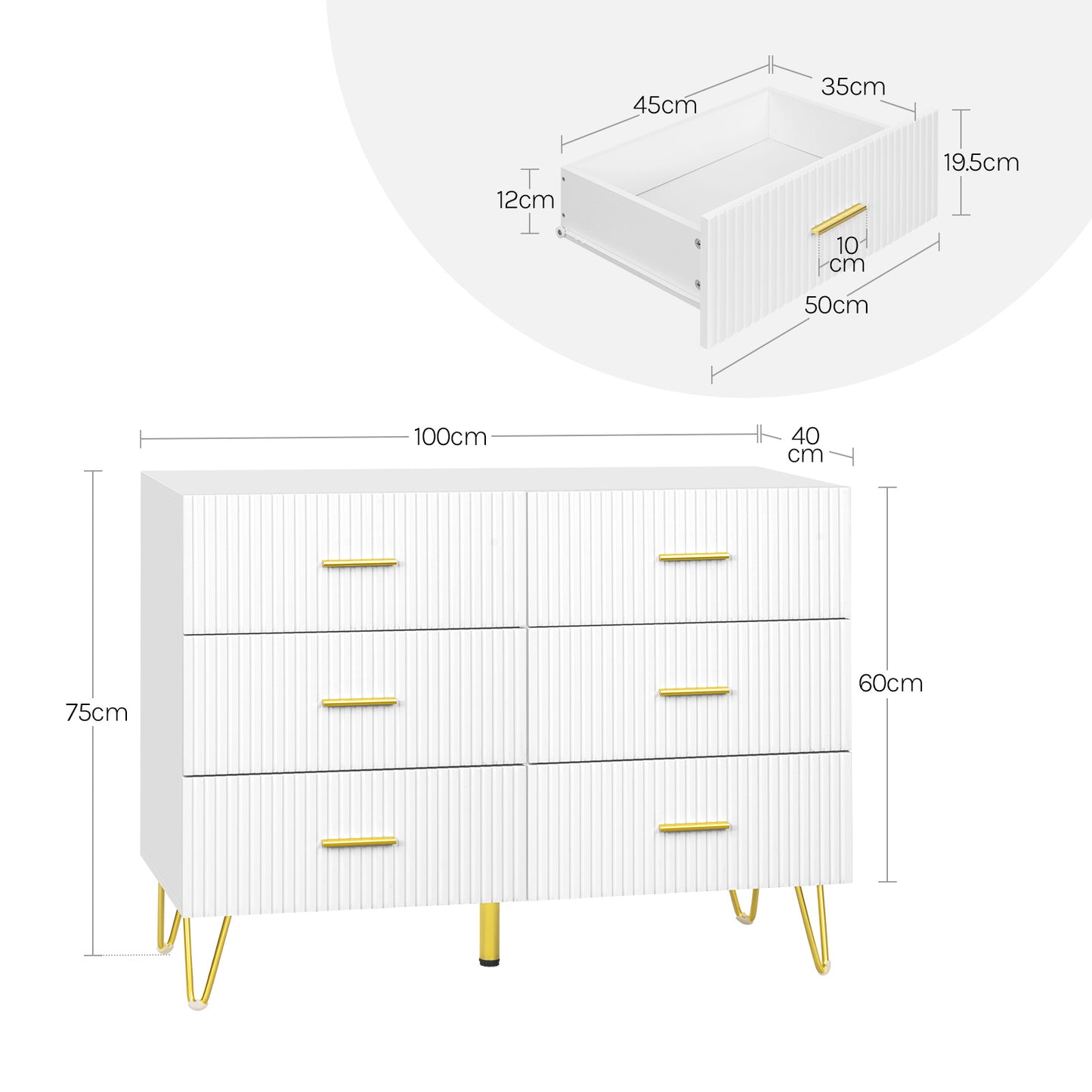 Cassettiera con sei cassetti e piedini dorati