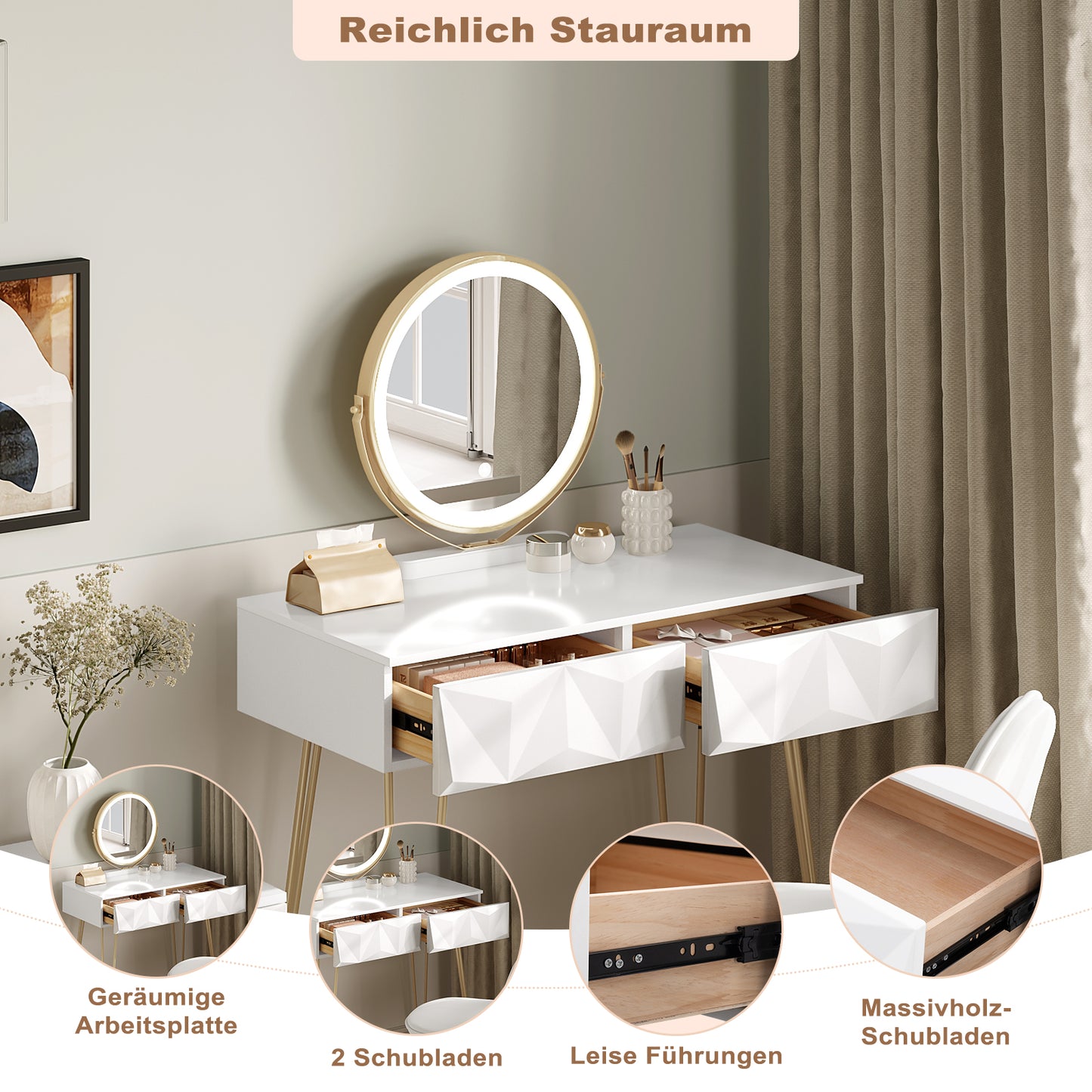 Toeletta da Trucco con Luci LED, Luminosità Regolabile, Postazione da Trucco con Sedia in Velluto, con 3 Cassetti, Assemblaggio facile, Bianco e Dorato
