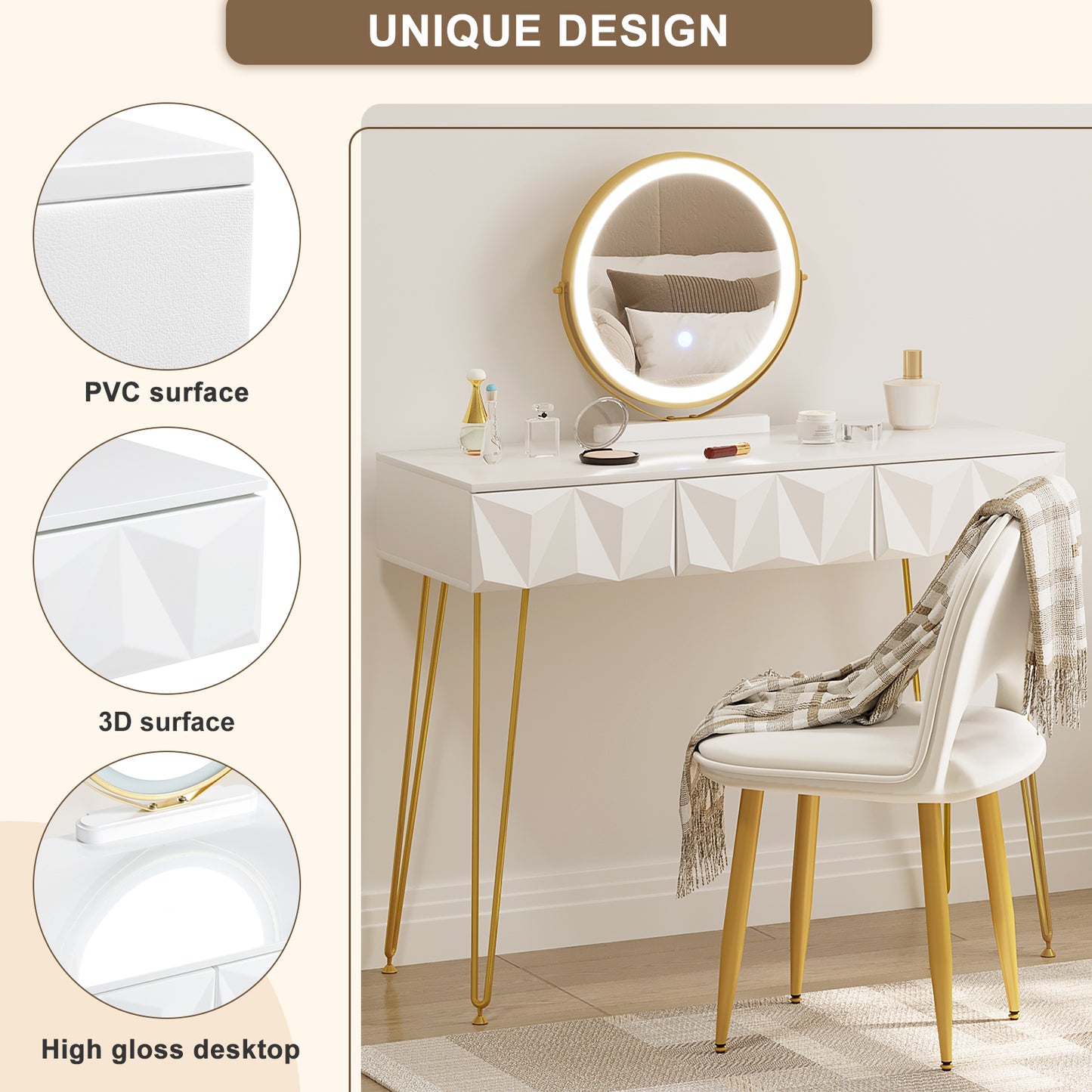 Toeletta da Trucco con Luci LED, Luminosità Regolabile, Postazione da Trucco con Sedia in Velluto, con 3 Cassetti, Assemblaggio facile, Bianco e Dorato