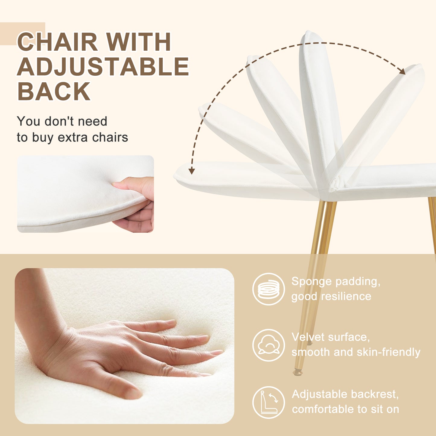 Toeletta da Trucco con Luci LED, Luminosità Regolabile, Postazione da Trucco con Sedia in Velluto, con 3 Cassetti, Assemblaggio facile, Bianco e Dorato