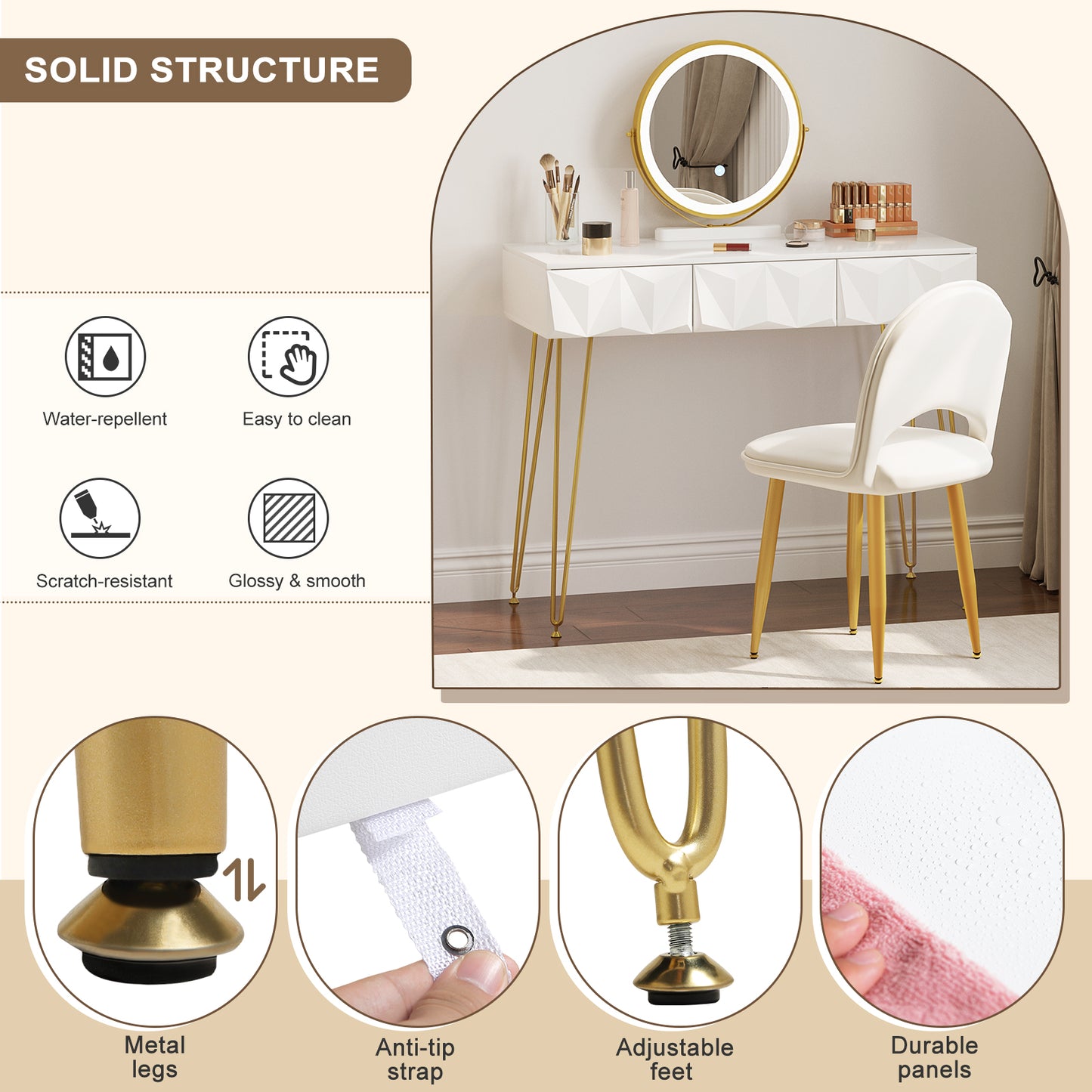 Toeletta da Trucco con Luci LED, Luminosità Regolabile, Postazione da Trucco con Sedia in Velluto, con 3 Cassetti, Assemblaggio facile, Bianco e Dorato