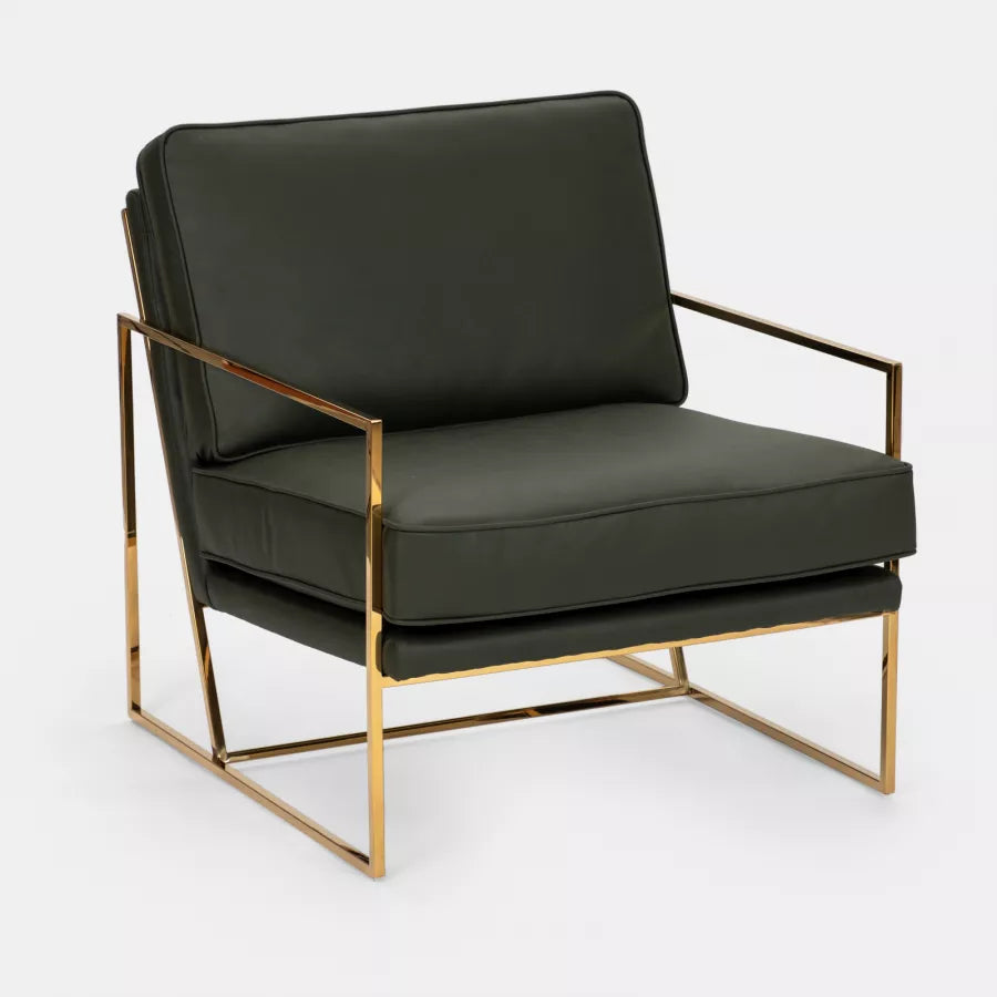 Poltrona in similpelle verde scuro con gambe oro